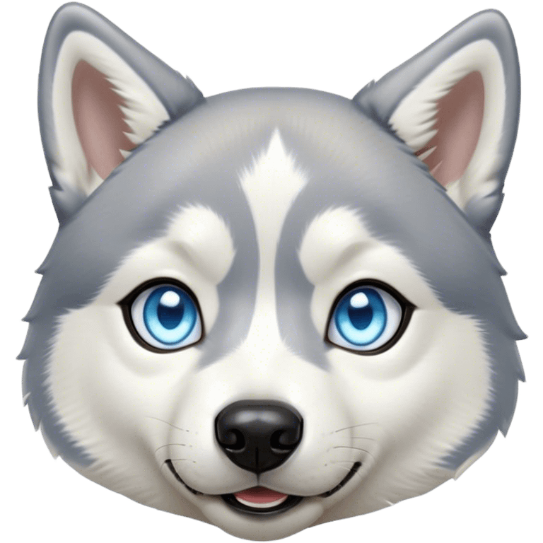 Cinematic Cute Siberian Husky Portrait Emoji, Head tilted playfully and inquisitively, featuring a lush grey and white coat with striking accents, round, sparkling icy blue eyes filled with curiosity, Simplified yet irresistibly adorable features, highly detailed, glowing with a crisp, friendly glow, high shine, affectionate and lively, stylized with a touch of whimsy, bright and endearing, soft glowing outline, capturing the essence of a mischievous yet loving pup, so playful it feels like it could dash out of the screen and into your arms! emoji