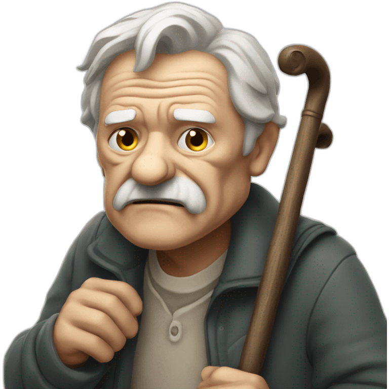 Old man leaning on a walking cane and holding his crancky back with his hand, grumpy face, detailed emoji