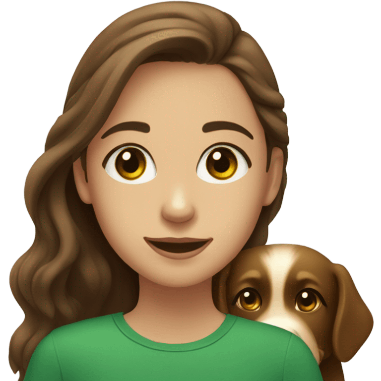 Girl with brown hair and green brown eyes next to a black golden retriever emoji