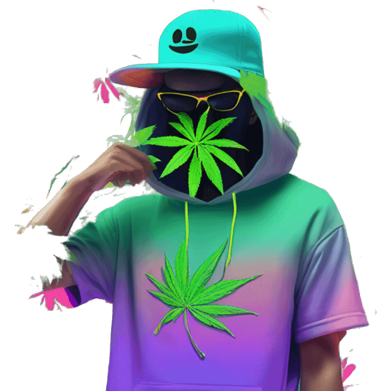 Hemp leaves Multicoloured neon person smoking wearing hoodie dancing hip hop bucket hat tropical Skater fashion aesthetic baggy clothes graphic t shirt 420 emoji