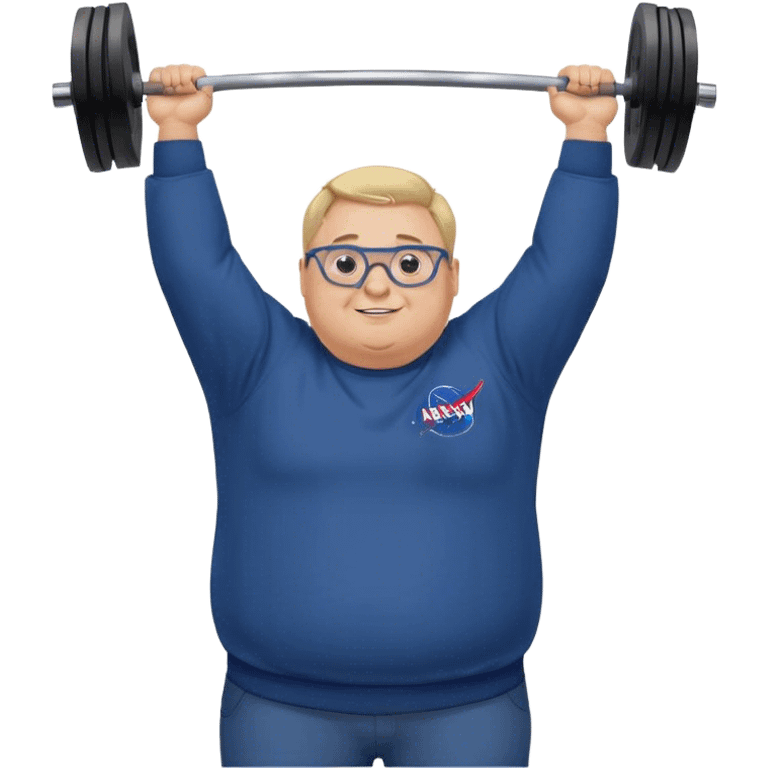 happy chubby man, lifts weights over the head,  blond short and hight receding hairline, wearing a dark blue sweatshirt, nasa logo on the sweatshirt, round glasses without frame, 40 years old emoji