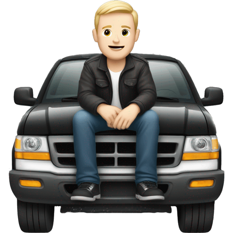 A man with pale skin sitting on top of a black Ford car emoji