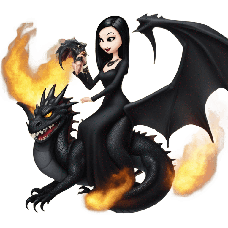 Victorian evening dressed, real Teen Morticia Addams Jedi wearing a mini tiara, riding on the back of a very large black shiny evil-looking fire-spewing horned dragon emoji