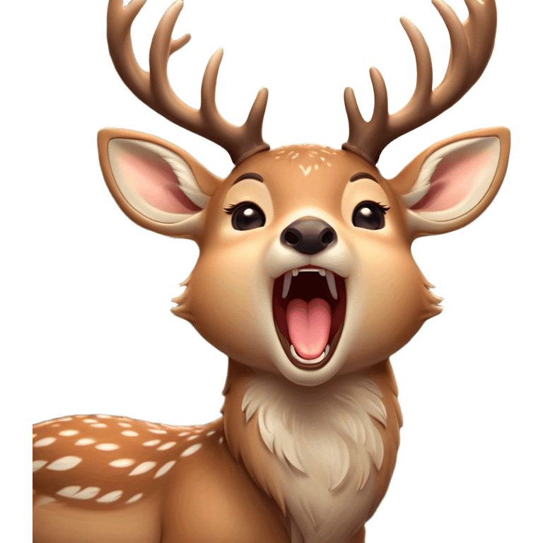 Cinematic Cute Yawning Deer Portrait Emoji, Head tilted slightly with a dramatic, wide-open yawn, revealing a soft, dappled Fur and elegantly drooping ears, eyes barely open in drowsy contentment, Simplified yet irresistibly adorable features, highly detailed, glowing with a soft, cozy glow, high shine, relaxed yet expressive, stylized with a touch of natural whimsy, bright and endearing, soft glowing outline, capturing the essence of a sleepy yet affectionate deer, so drowsy it feels like it could stretch right out of the screen and curl up for a nap! emoji