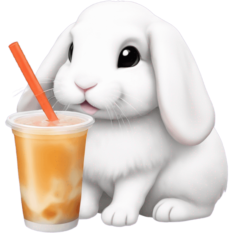 White mini lop rabbit drinking boba tea emoji