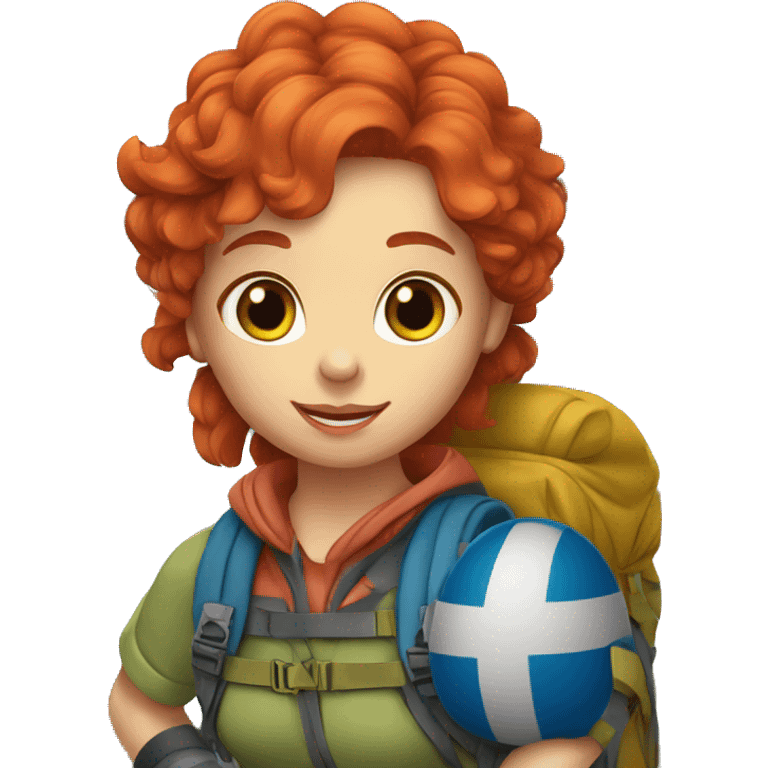 Female mountain climber red hair climbing, Greek flag on backpack and holding Easter eggs basket emoji