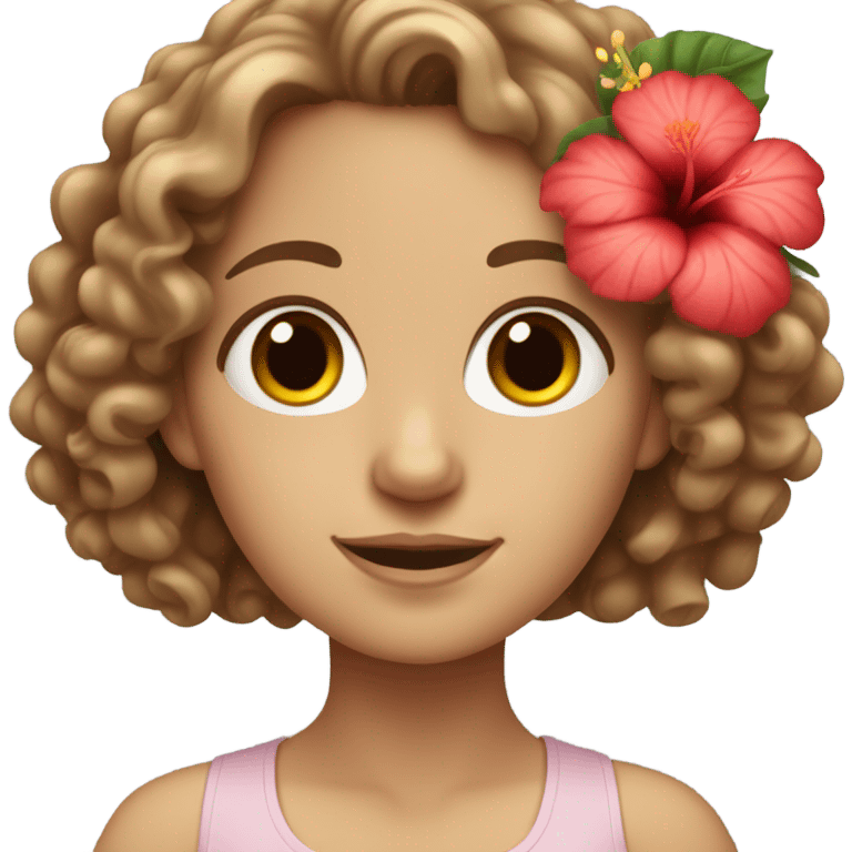 Skin tone white girl with hibiscus flower in brown curly hair emoji