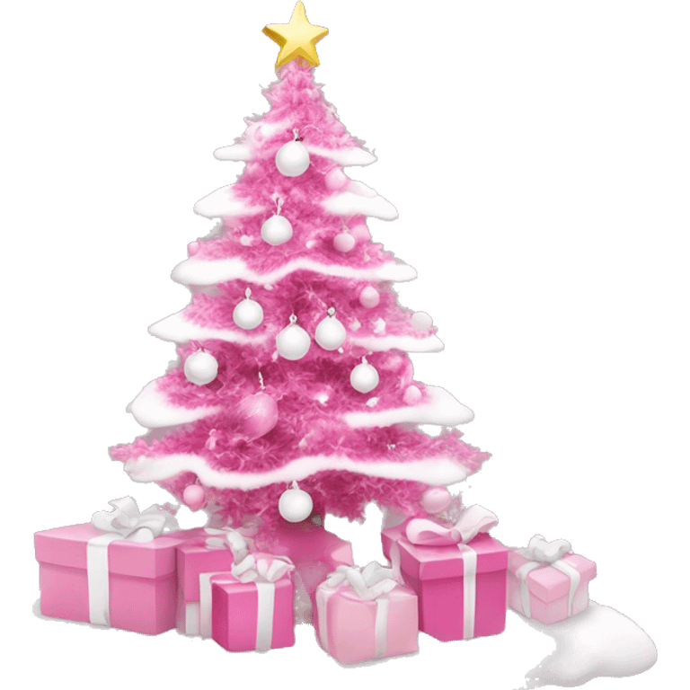 Pink Christmas tree with white and pink presents under it and white ornaments  emoji