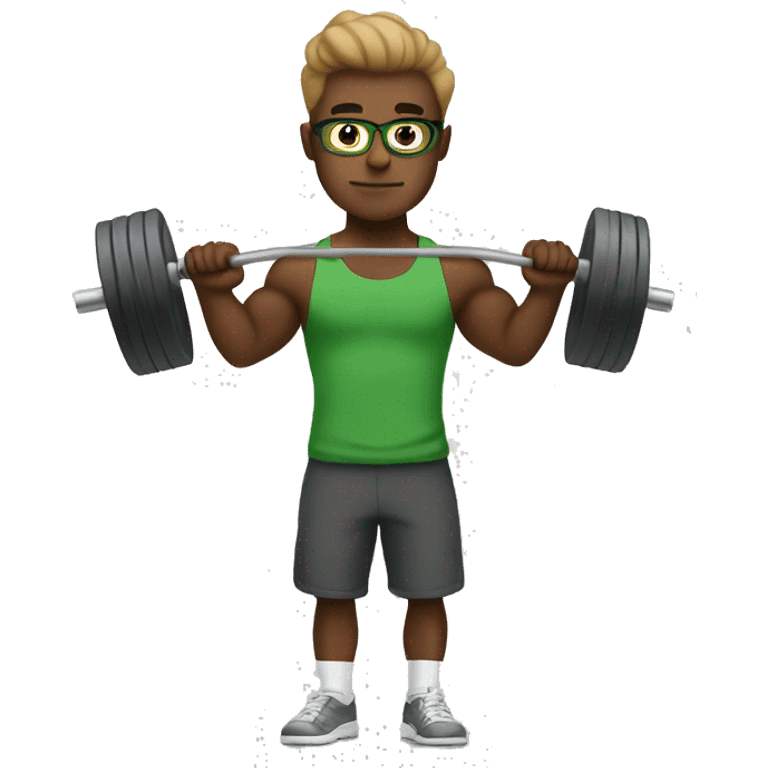 white nerd guy with brown with green t-shirt hair doing weight training emoji