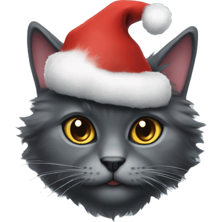 Fluffy dark grey cat wearing Christmas hat emoji