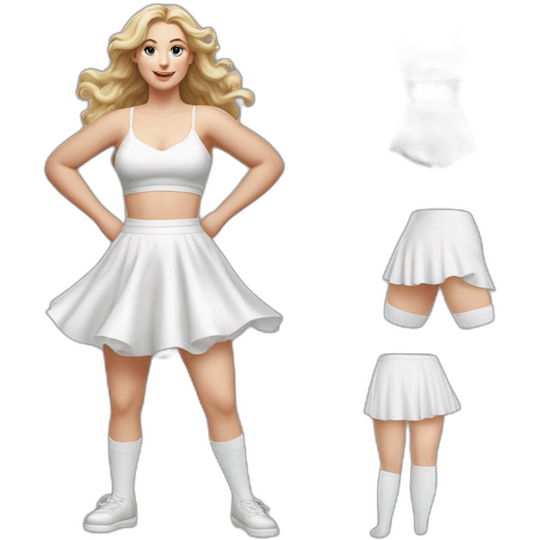 Hyperrealistic Full body Caucasian curvy beauty jumping short white skirt back and front views strong wind knickers long white socks emoji