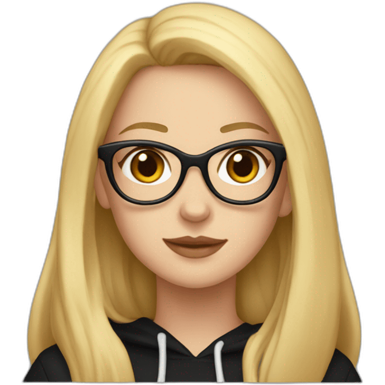 white girl with glasses and long blonde hair and black hoodie and a red doberman emoji