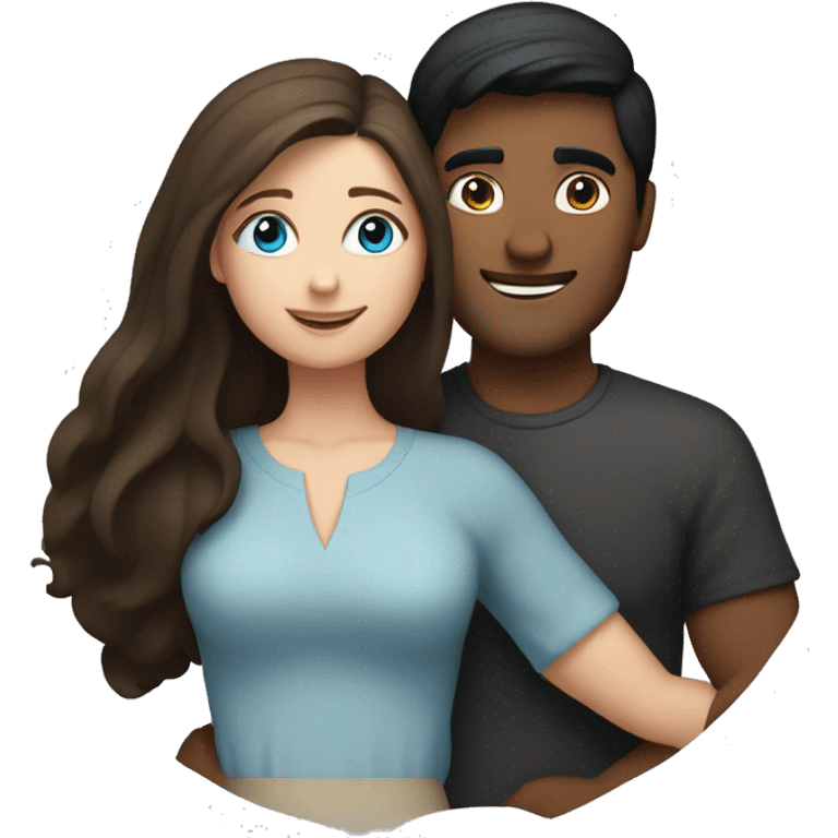 Couple embracing with arms around each other; white woman with blue eyes and brown hair, Indian man with black hair  emoji