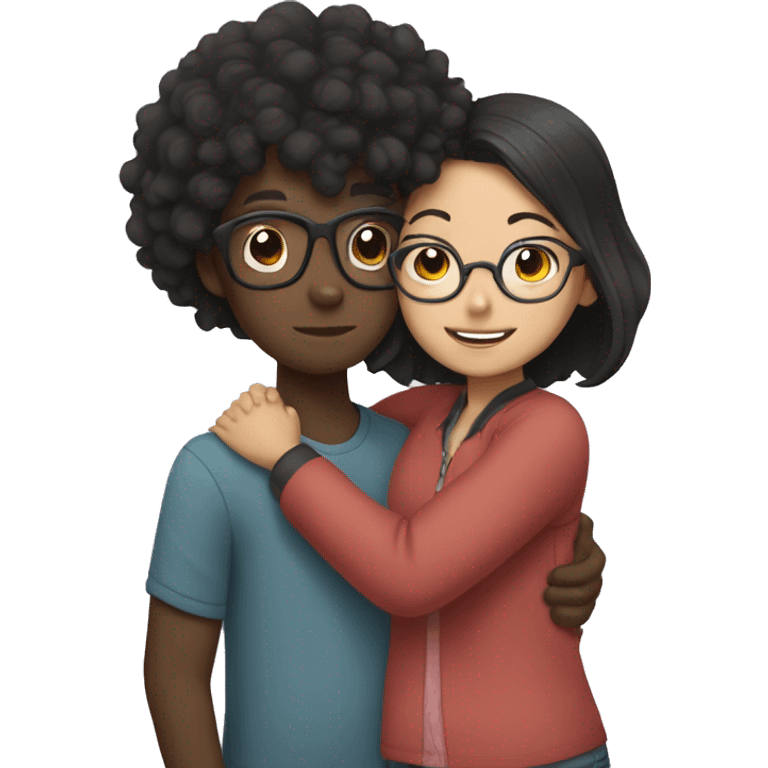 black boy with curly hair and glasses hugging an Asian girl with no glasses emoji