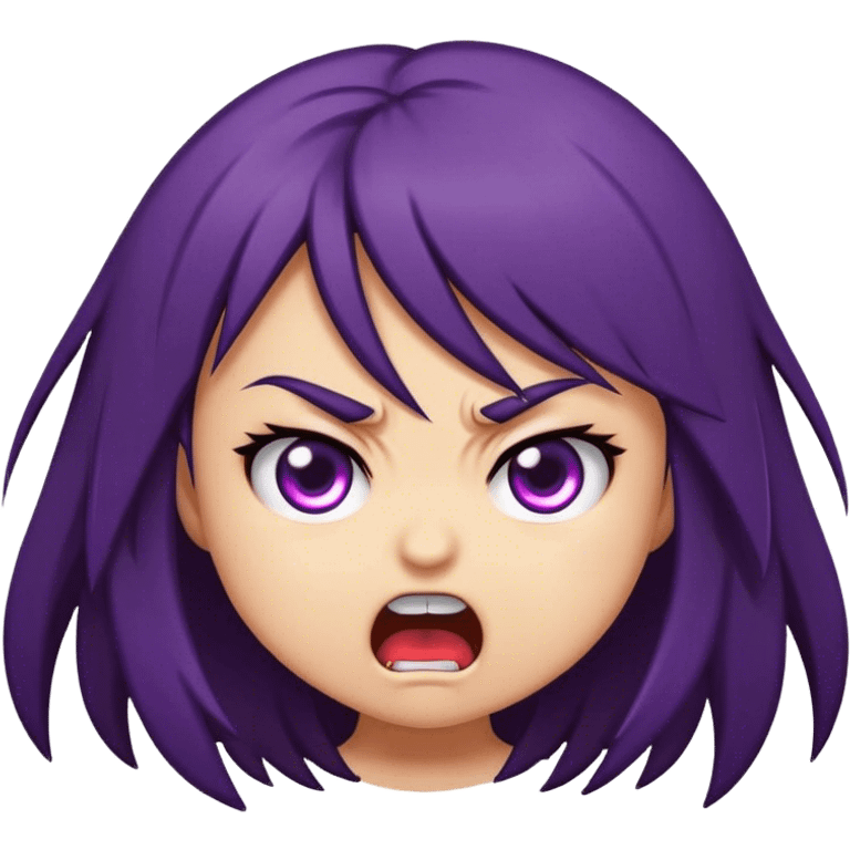 This emoji-style illustration depicts a chibi dark heired girl with an angry expression. The character has furrowed brows, large, intense purple eyes, and a small open mouth, as if shouting or arguing emoji