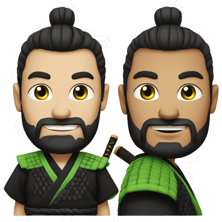 white man with short beard and a "top knot" samurai style black hair. Plain black tshirt. green eyes. slightly smiling. emoji