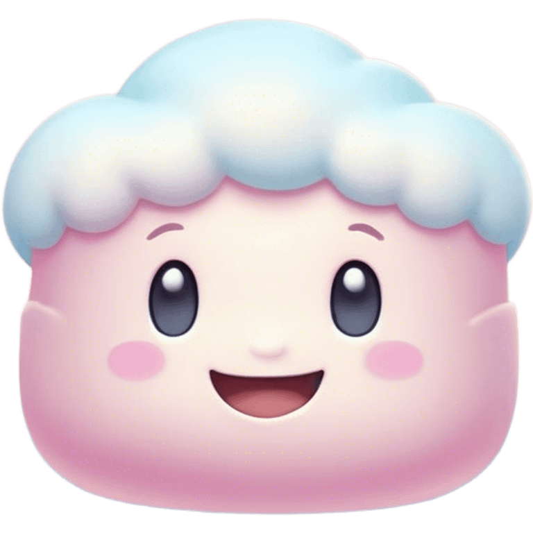 Cinematic fluffy pastel marshmallow character, soft round edges, tiny sparkly eyes, a small happy smile, glowing warmly, floating in a dreamy soft sky. emoji