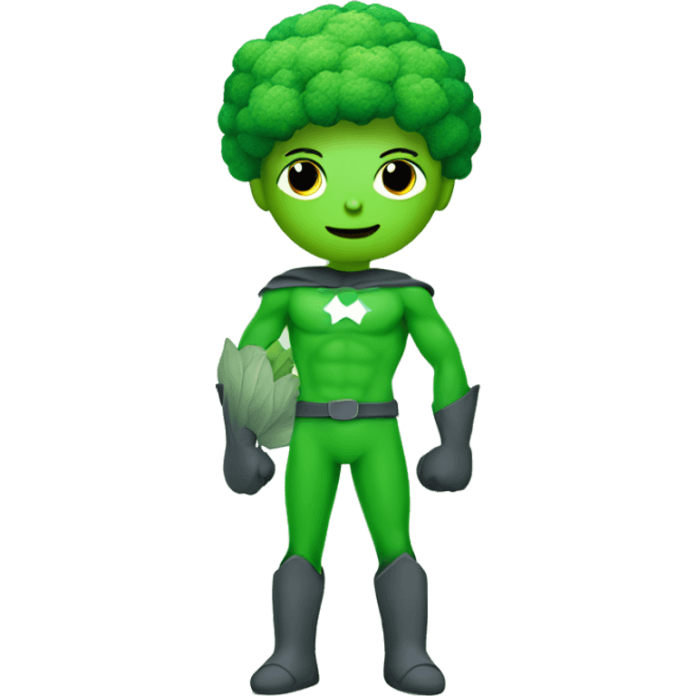 kawaii cute funny mini superhero with green clothes and a broccolis as hair,  full body saying hello emoji