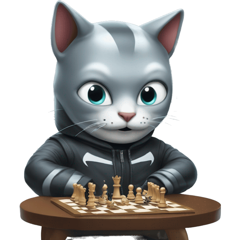 Cat in a shark outfit playing chess with Elon Musk emoji