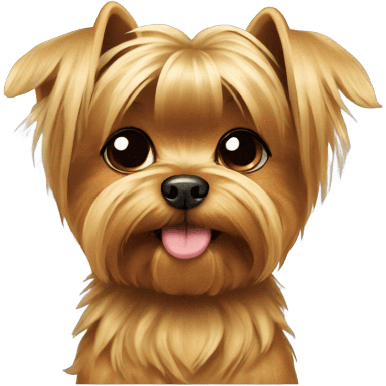 A small Yorkshire Terrier with fluffy golden-brown fur, black back, round face, perky ears, dark eyes, a small nose, and often a top bow or hair tie. With body emoji