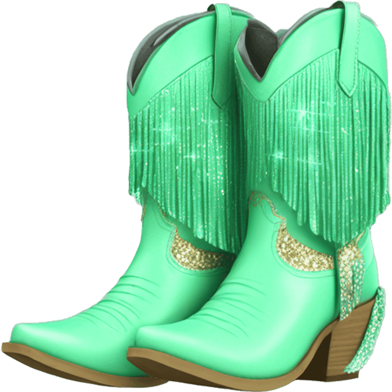 Realistic mint green fashion cowgirl boots with sparkly shiny glitter fringe on them. emoji