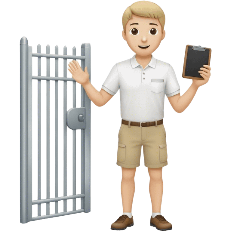 Pool attendant. white polo shirt. khaki shorts. waving. standing next to gate. holding clipboard emoji