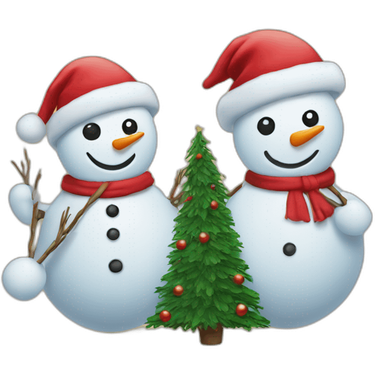 two snowmen in red hats dragging a Christmas tree emoji