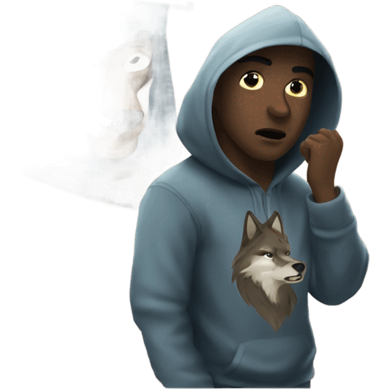 gazing boy in hoodie indoors fighting a wolf emoji