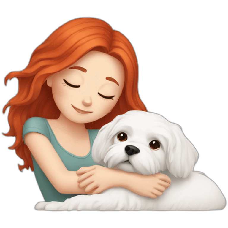 Red-haired girl with sleep Maltese dog emoji