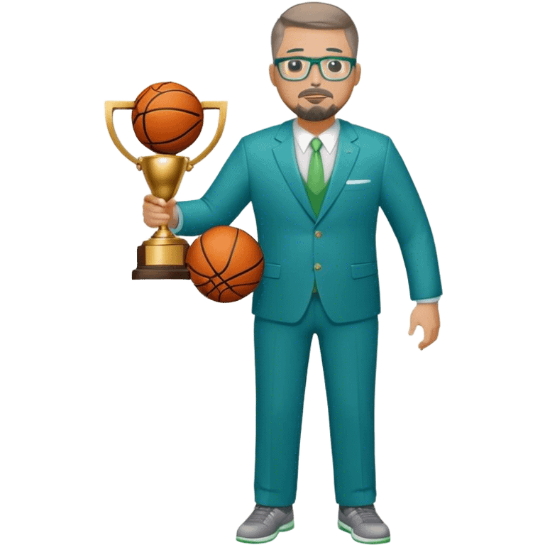 Full Body white plus size man  wearing glasses with a goatee with light brown and gray short hair basketball head Coach in blue and green suit holding trophy emoji