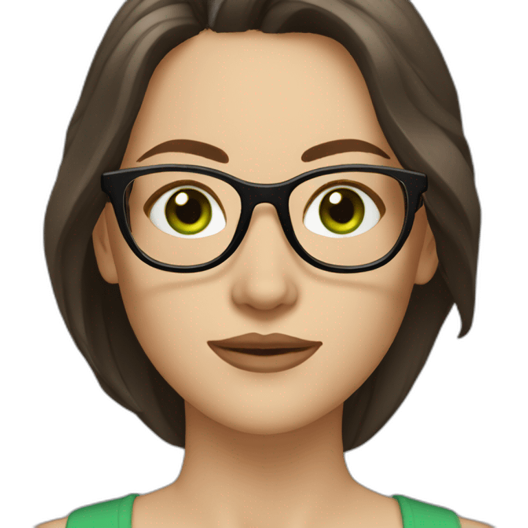 White woman with long dark brown hair and green eyes using glasses writing emoji