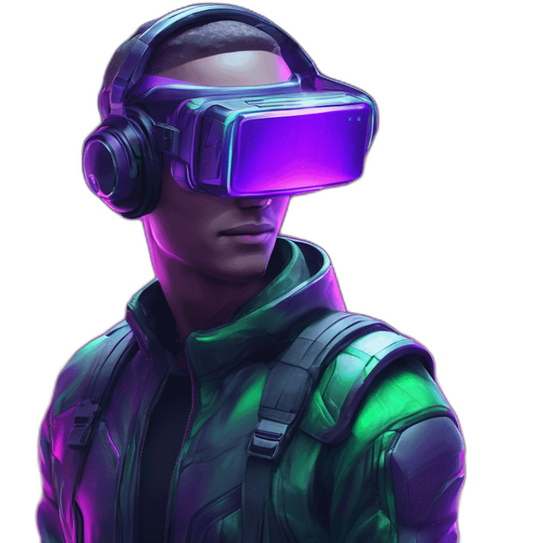 A hiperrealistc cyberwear futuristic metaverse Man playing with holograms cyberwear techwear green and purple neon perfect lights add a Futuristic cyberpunk metaverse headset emoji