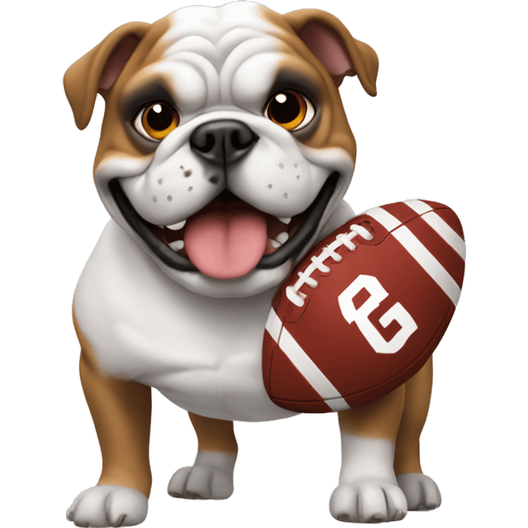 white Georgia bulldog with a football and a red collar  emoji