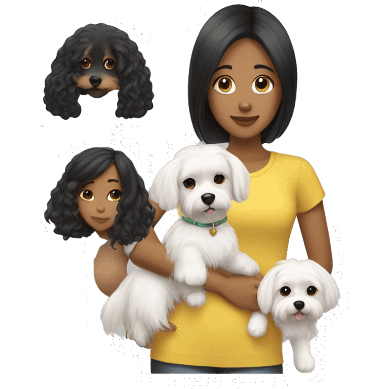 black hair, yellow skin, middle hair length Girl mwith maltese dog emoji