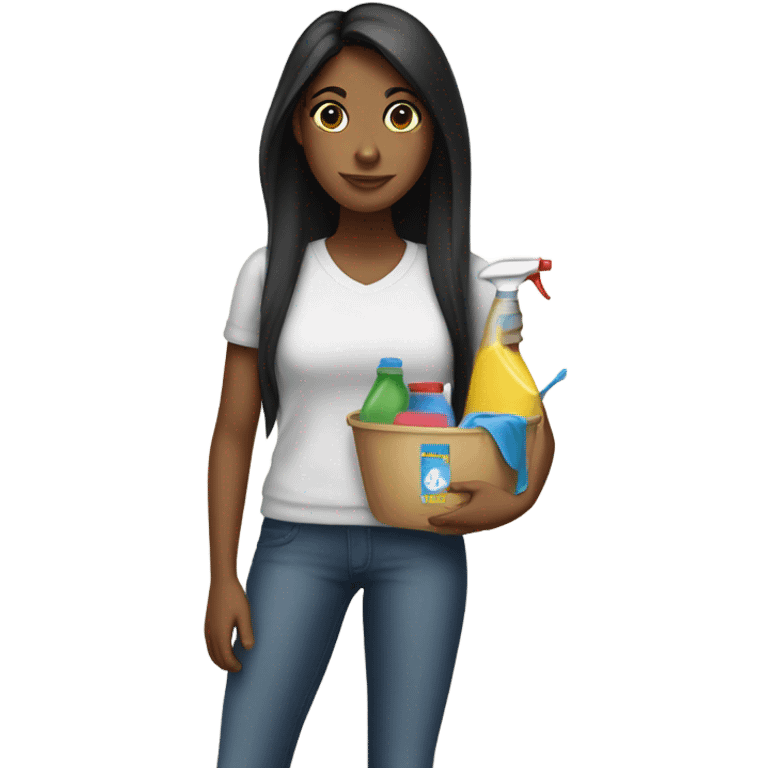 Brown girl with long black hair cleaning emoji