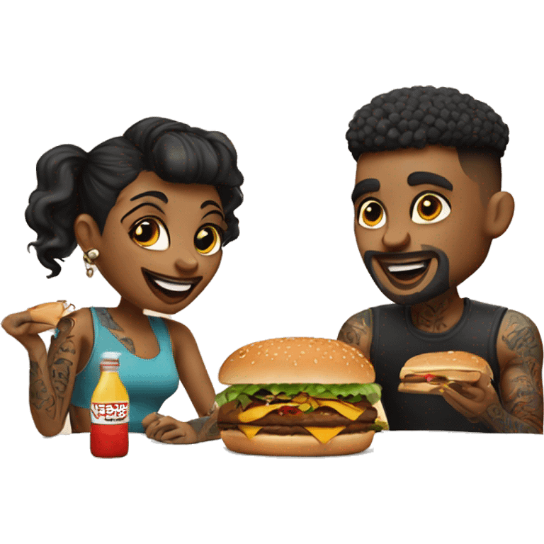 Beautiful tattooed couple eating burgers emoji