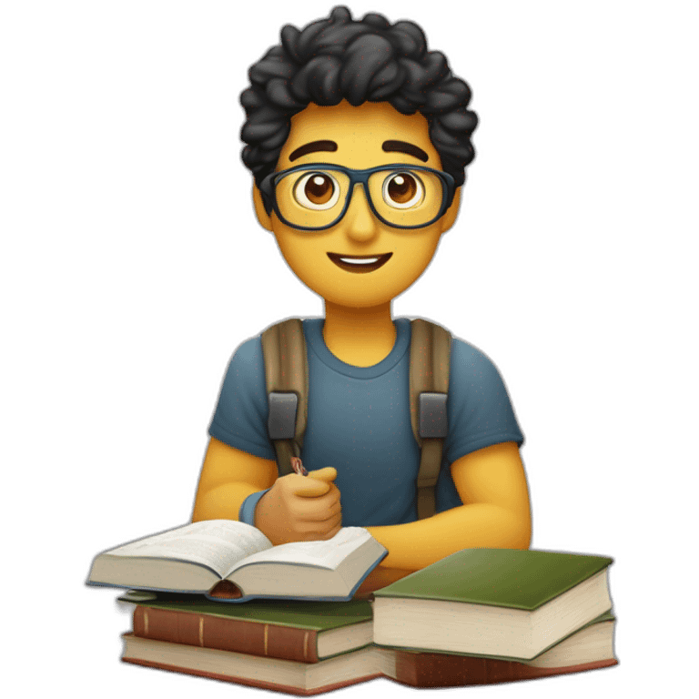 joven estudiante con  con un libro en sus manos y en su cabeza, junto a muchos libros y una lampara y un libro en su cabeza, con muchos y muchos  libros, de piel blanca emoji