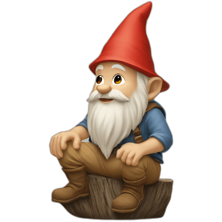 side view of gnome with light tan pants squatting above tiny brown log emoji