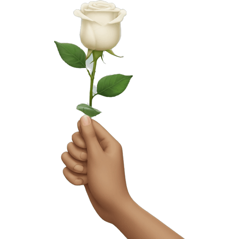 a hand coming out from the bottom of the screen, showing the back of his hand, which is holding a white rose from the stem emoji