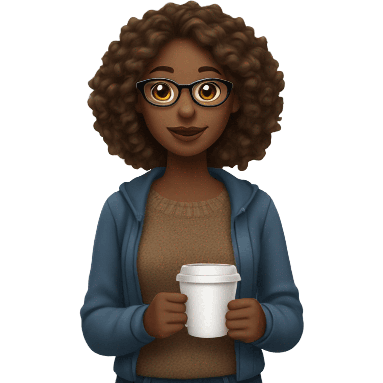 brown long wand curl hair black women sweater brown eyes and small glasses holding coffee emoji