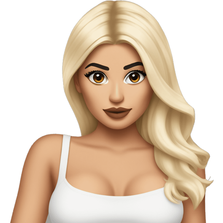 Emoji of Kylie Jenner with blonde hair in a black mini dress with bra, confidently pointing forward with a stylish, influencer vibe pointing forward emoji