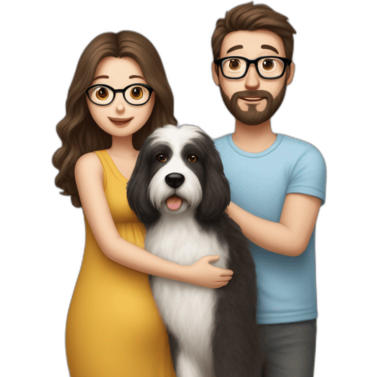 Hyperrealist pregnant girl with half long brown hair with glasses, a boy with long beard, glasses and short hair and english sheepdog emoji