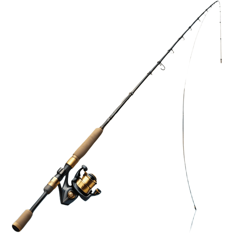 Cinematic Realistic Fishing Rod, sleek graphite rod with a smooth, polished reel, thin line disappearing into a shimmering lake, warm golden sunlight reflecting off the water, glowing with a tranquil and adventurous aura. emoji