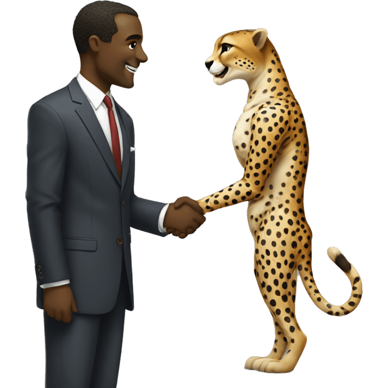 A cheetah in a classic suit shakes hands with a man  emoji