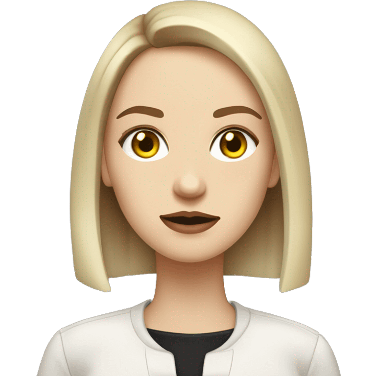 Slavic woman with blue eyes, fair skin, straight gradient brown hair with yellow streaks, medium bob cut, goth eyes makeup, beige lips, dressed in white T-shirt and office black jacket. emoji