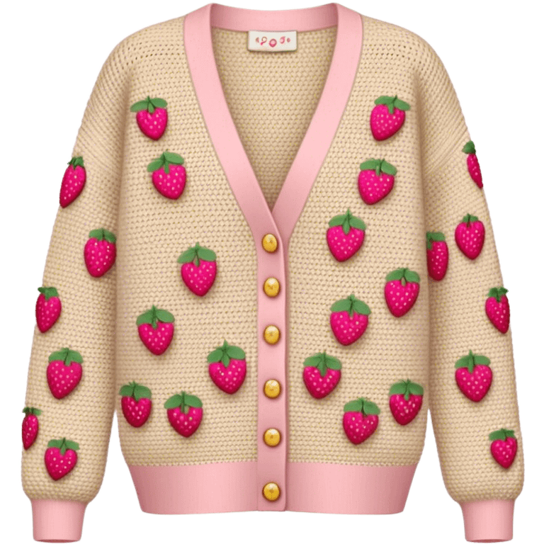 beige crocheted cardigan embroidered with small pink strawberries emoji