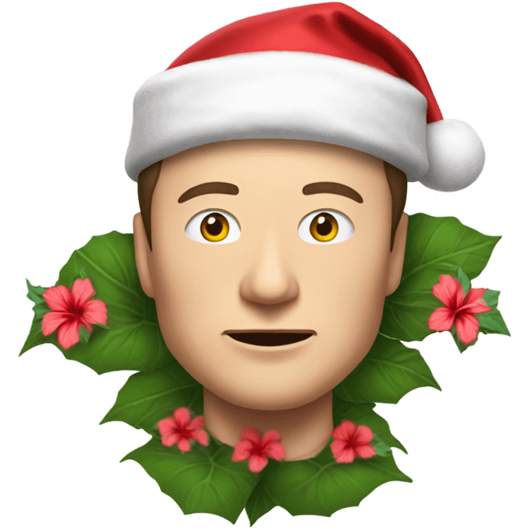 Elon Musk wearing a hibiscus flower with a Santa hat emoji