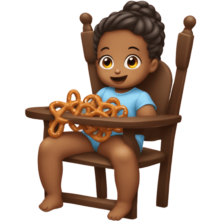 Baby girl eating pretzels in high chair emoji