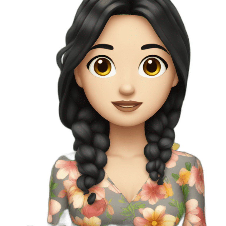 a white girl having black hair wearing floral dress holding flowers emoji