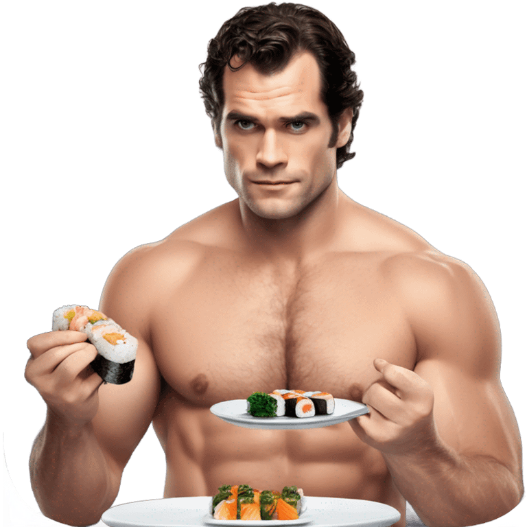 realistic photo of Henry Cavill eating sushi with a beautiful  victoria secret model  emoji